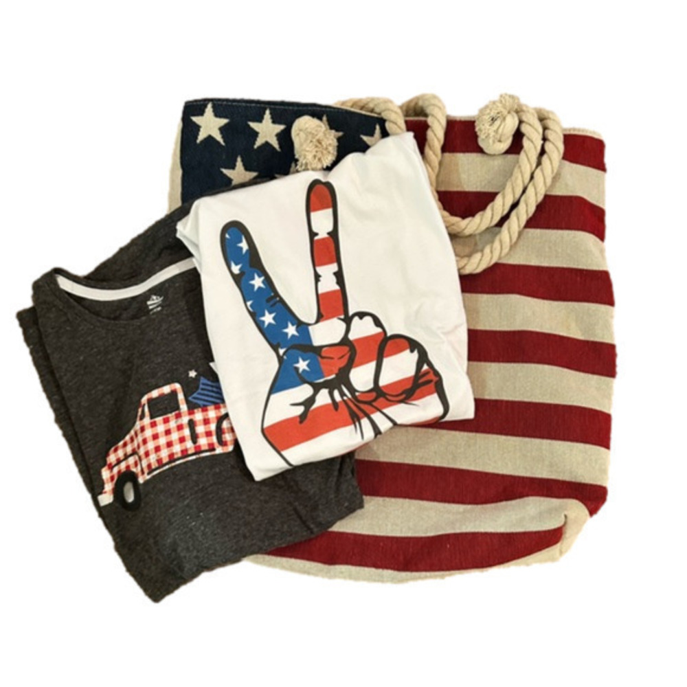 Walmart/Bella Canvas BUNDLE- 2 shirts small plus a woven american flag bags